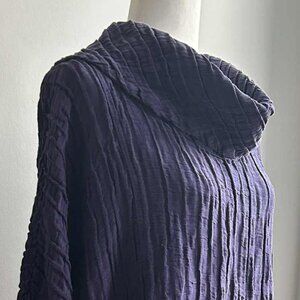 Grizas Deep Plum Crinkled Linen–Silk Cowl Dress with Pocket, High-Low Hem – US L